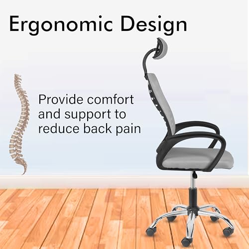 Image of Casa Copenhagen,Mesh Office Desk,Rocking, Ergonomic Computer Chair Adjustable High with Headrest and Comfortable Armrest Swivel Chair - Grey & Black Handle