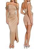 Popilush Women Shapewear Maxi Dress Off The Shoulder Bodycon Long Cocktail Formal Wedding Guest Dresses Champagne