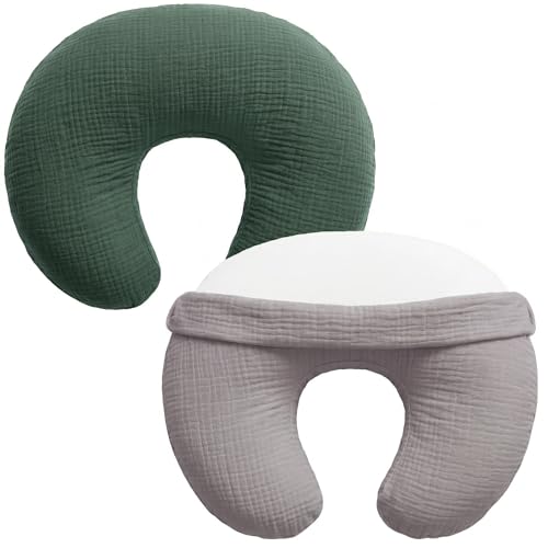 Image of Pro Goleem Muslin Nursing Pillow Cover, 100% Cotton Soft Breathable Feeding Pillow Slipcover for Breastfeeding Moms, Fits Standard Infant Nursing Pillow, for Boys and Girls, 2 Pack (Grey＆Green)