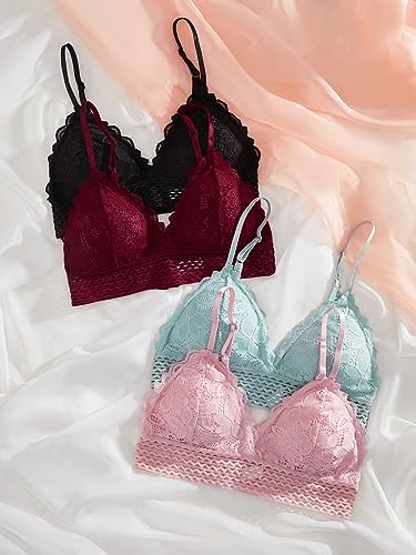 Image of RoseSeek Women's 4 Pack Floral Lace Adjustable Straps Wireless Bra Scallop Trim Molded Bralettes Sets