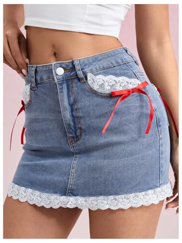 Floerns Women's Contrast Lace Bodycon Denim Skirt Cute Bow Party Mini Jean Skirts4