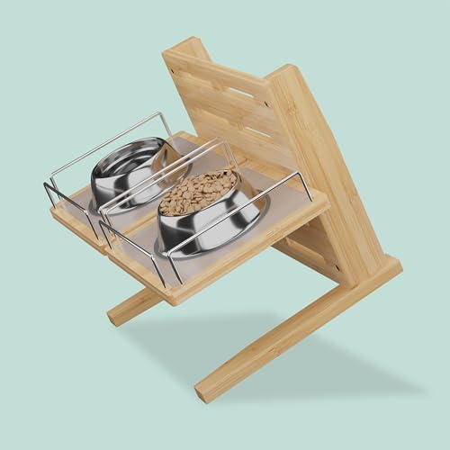 Relaxdays Futterstation Hund, höhenverstellbare Hundebar, HBT: 37x55x36 cm, Napfständer mit Silikonmatte, Bambus, Natur