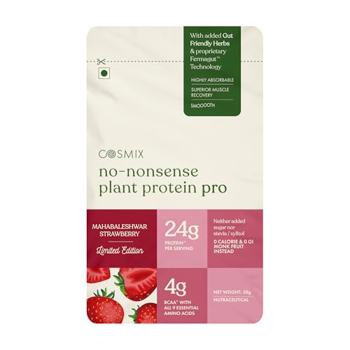 Image of Cosmix No-Nonsense Plant Protein Pro | 24g Protein /Serve | Mahabaleshwar Strawberry | Yeast Powered Plant-Based Protein | PDCAAS of 1 | Light On Gut, Superior Muscle Recovery - 38g (Pack of 1 Sachet)