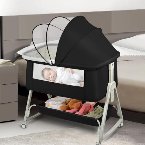 HUOLE Cuna para Recién Nacido, Sostenible, Compatible con Diferentes Camas, Altura Ajustable, Inclinable, Buena Circulación de Aire, Ángulo, Base Acolchada, 50 * 91 * 68-81cm (Six Sizes) Black