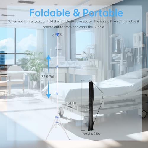 2 Pcs WONDSIGHIN Foldable IV Pole with Portable Bag, Collapsible IV Pole Stand with 3 Nets for Drip Bag, Tripod IV Pole Stand Adjustable, 4 Hooks for Nursing Clinic Home Care Travel, Stable, White