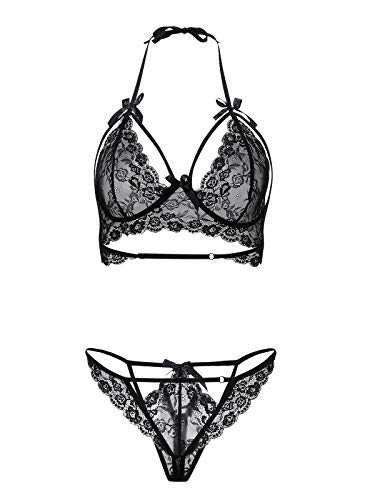 AdoreShe Women Sexy Strappy Lingerie Set Lace Triangle Lingerie 2 Piece Bra and G-String Halter Underwear(QLP034-Black-L)