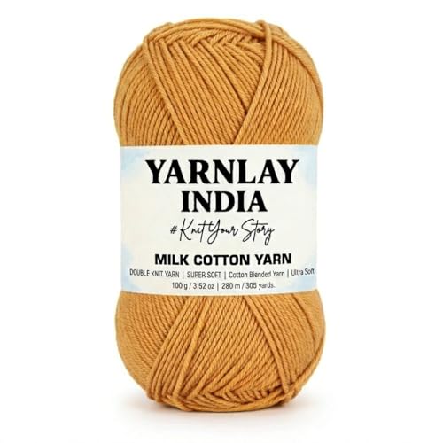 Image of Yarnlay 3 Ply Soft Milk Cotton Yarn for Crochet Knitting, Amigurumi, Punch Needle .DIY Crafts, Summer Wear,Flowers Toys & Cushion Covers 100g (250m) (Shade 6: Turmeric)