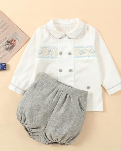 Twoflower Toddler Boy Smocked Outfit，Baby Boys' Fall Clothes Sets，Long Sleeve Button Down Shirts for birthday Christmas4