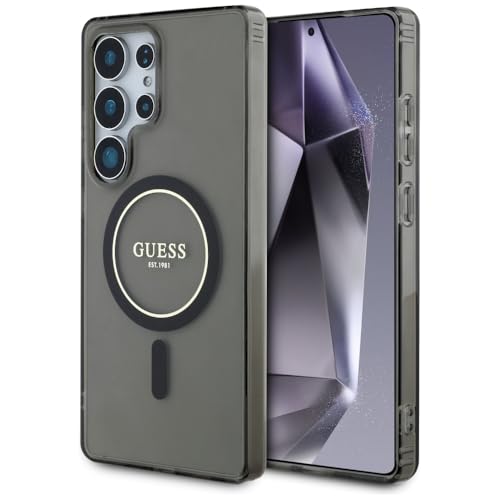 CG MOBILE Guess Glitter Circle Classic Logo Compatible avec MagSafe Coque pour Samsung Galaxy S25 Ultra (Noir)