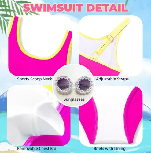 Teen Girls Swimsuit High Waist Sporty Bikini Bathing Suits with Cover Up Skirt and Sunglasses 4 Piece Set 8-15 Years (US, Age, 8 Years, 9 Years, Pink)4