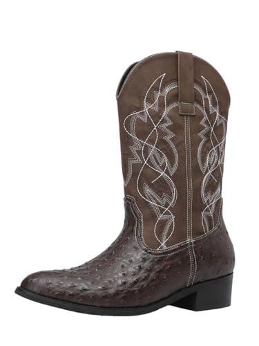 Image of Western cowboy boots, ostrich leather, embroidered design, brown, mid-calf, men's antique ostrich embossed exotic western boots round head.
