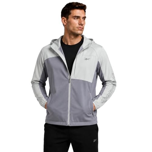 Image of Reebok Mens Softshell Jacket - Lightweight Fleece Mens Jacket with Hood - Weather Resistant Zip Up Windbreaker Coats for Men