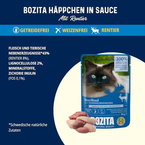 Bozita Sterilised Nassfutter Häppchen in Sauce mit Rentier - 12x85g Portionsbeutel getreidefreies & weizenfreies Futter für Katzen - Katzen Nassfutter mit 8,5% Protein & 3,5% Fettgehalt