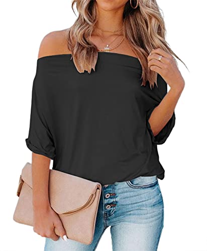 REVETRO Women's Off Shoulder Tops Casual Short Batwing Sleeve Summer Loose T Shirt Tunic Blouse…