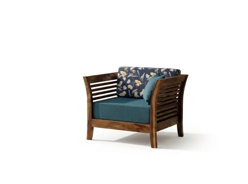 Image of Solid Sheesham Wood 1 Seater Sofa Set for Living Room | Wooden Couch with Cushions | Handcrafted Sheesham Wood Sofa | Home & Office Furniture | 1 Seater Sofa Set |