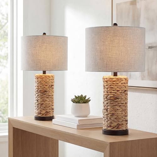 Image of JONATHAN Y 25 inch Natural Coastal Water Hyacinth Table Lamp Set of 2, Bedside Lamp with Light Grey Linen Shade, Boho Farmhouse Decor for Living Room Nightstand, LED Bulbs JYL6502A-SET2