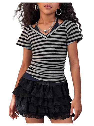 Girl's Y2K Striped T Shirts Short Sleeve V Neck 2 in 1 Halter Tops Fitted Summer Tee