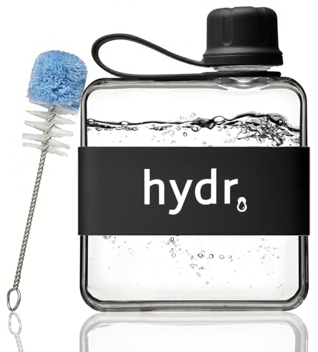 hydr v2 Flache Wasserflasche für Handtasche und flexible Reinigungsbürste 320 ml Tritan BPA-frei schlanke Reisewasserflasche kleine Wasserflasche für Handtasche (Nero Black)