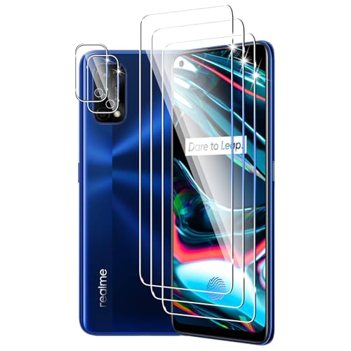 DXULWLM 3+2 Piezas Cristal Templado para Realme 7 Pro,con protector de Lente de cámara,HD transparente,Dureza 9H,Sin Burbujas,Anti-Arañazo Protector de Pantalla