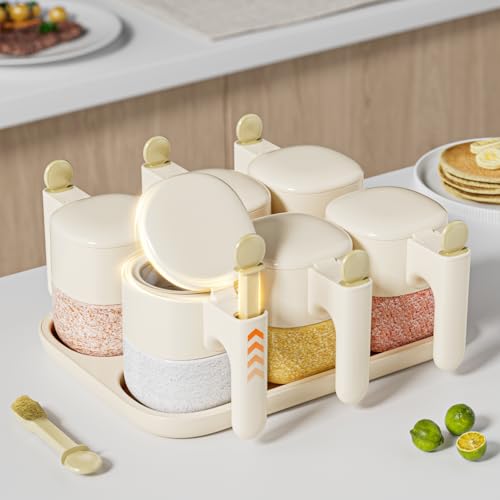 🏡🍽️Seasoning Spice Containers with Lid & Spoon – 6-Pack 11oz Glass Jars with Auto-Open/Close | Wide Mouth Salt & Sugar Boxes for Countertop Storage, Dishwasher Safe - Image 3