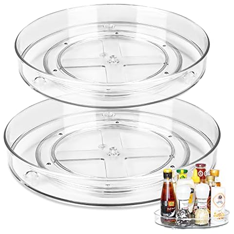 Lazy Susan Cupboard Organiser, 2 Piece Lazy Susan Turntable, Clear Fridge Turntable Organizer, Multi-Functional Kitchen Turntable Storage Spice Rack, Non-Slip Revolving Condiment Holder (27+23.5cm) Cover