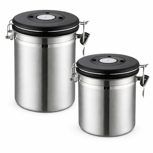 Image of Container for Ground Coffee, Coffee Beans - Coffee Canister 1200 ml, 1800 ml with Built in Valve Stainless Steel Airtight with Scoop, Storage for Beans, Grounds, Tea, Sugar (Set of 2)