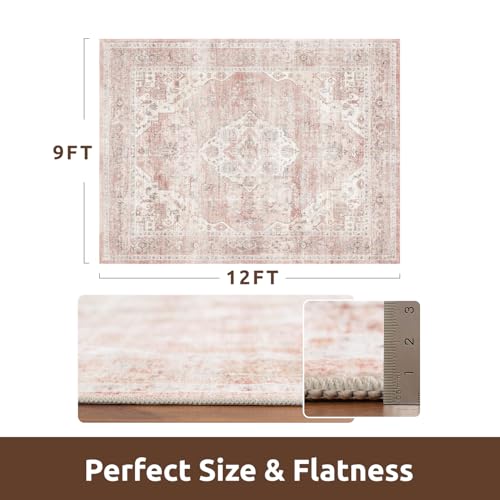 AMOAMI-Area Rug 9X12 Rugs for Living Room-Vintage Soft Pink Rugs for Bedroom-Non Slip Carpet-Washable Rug for Dining Room Living Room Bedroom Office Under Table