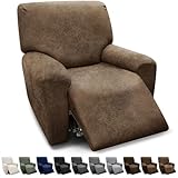 Pfrstuv Chair Covers 4-Pieces Recliner Chair Covers 1 Seater Cover for Recliner Chair Leather Look Recliner Slipcovers with Pockets Spandex Fabric Furniture Covers(Recliner, Light Brown)