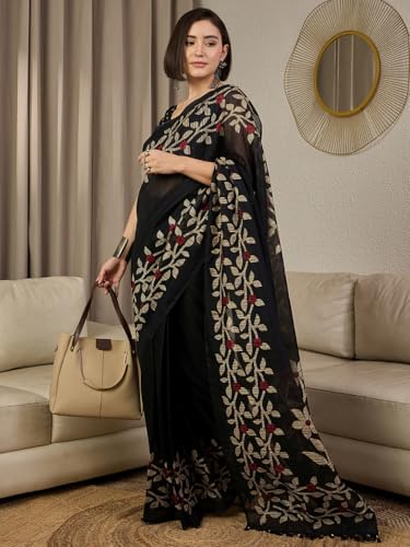 Image of AKHILAM Women's Cotton Printed Ready To Wear Saree With Unstitched Blouse Piece