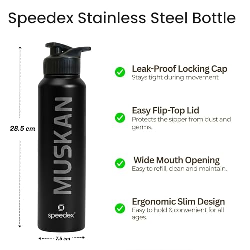 Image of Speedex Customised Stainless Steel Water Bottle 1 Ltr with Name - Personalised Engraved Sipper Cap Bottle for Kids, Men & Women, School, Gym, Office Black, Set of 1
