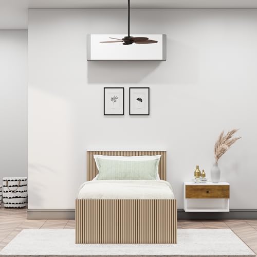 Image of Bniture Modern Single Size Bed with Storage Box | Engineered Wood Bed 3D Textured Panels | Dual Tone Cupboard for Bedroom | Wooden Bed Single Beds Storage (Frosty White & Giant Wood, Single)