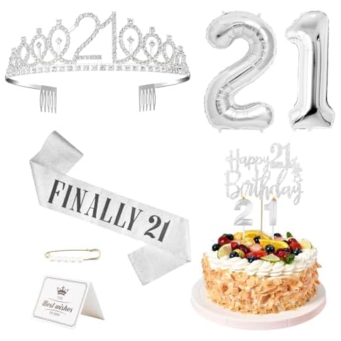 Sliver 21st Birthday Decorations For Her Including 21st Birthday Sash And Crown, 21st Birthday Balloon, Finally 21st Birthday Sash With Pearl Pin, Sweet 21st Birthday Candles, 21 Cake Topper For Her Cover