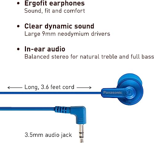 Image of Panasonic Ergofit in-Ear Earbud Headphones Dynamic Crystal Clear Sound Ergonomic Comfort-Fit Metallic Blue (RP-HJE120-AA)