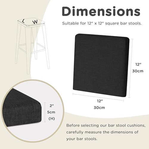Image of AddGrace Anti-Slip Bar Stool Cushions Square Bar Stool Seat Cushions with Ties Set of 2 Small Square Chair Pads with Machine Washable Cover 12 inchX12 inchX2 inch (Black)