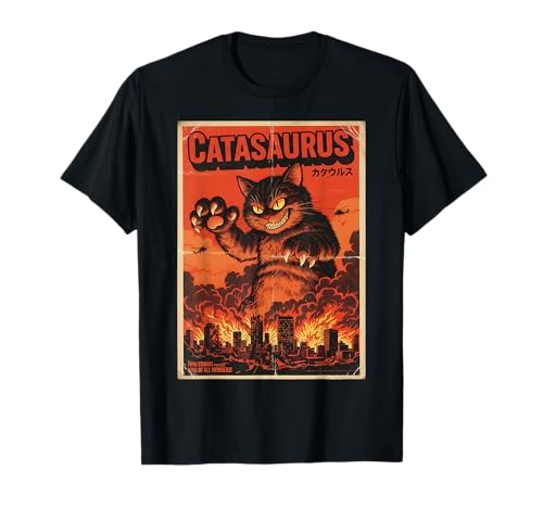 Catasaurus - Gráfico Divertido de Gato Parodia de película Japonesa Vintage Camiseta