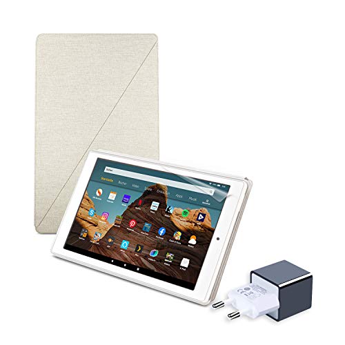 Fire HD 10 Essential Bundle mit Fire HD 10-Tablet (32 GB, Weiß, mit Werbung) + Amazon-Hülle mit Standfunktion (Sandstein) + NuPro-Displayschutzfolie