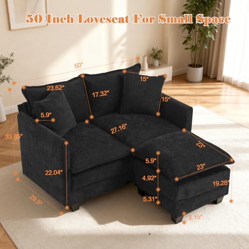 Image of Loveseat Sofa with Ottoman, 50'' Modern L-Shape Cloud Couch Sofa Loveseat with 22'' Ottoman for Small Space Apartment Office Living Room Bedroom 8834-BLACK-L-1