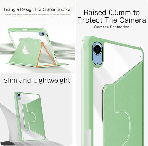 Image of TGK Rotating Case for Ipad 10Th Gen 10.9 Inch 2022 (A2757 / A2777 / A2696) iPad A16 11.0 inch 2025 with Pencil Holder 360 Degree Rotation Protective Trifold Stand Cover Clear Back (Mint Green)