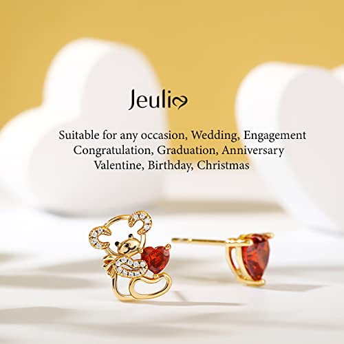 Jeulia Sterling Silver Earrings Teddy Bear Asymmetrical Rose Gold Heart Garnet Stud Diamond Hypoallergenic Earrings For Women Teen Girls Valentine Birthday Festival With Gift Box (Fall In Love) #TOP5