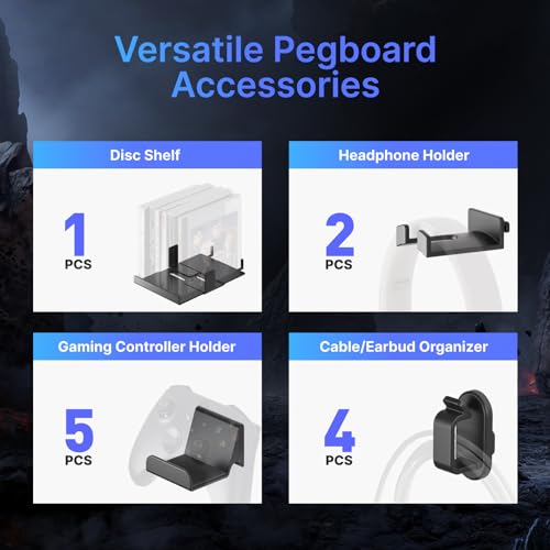 Image of PEGZONE Controller and Headphone Holder Wall Mount, Modular Gaming Pegboard with Accessories, Controller Stand for Xbox PS5 PS4 Switch, Video Game Storage, Disc Shelf, 7pcs Pegboard, Black & White