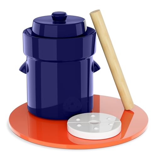 Humble House Fermentation Crock 1/2 Gallon Sauerkrock Sauerkraut Crock with Lid Weights & Pounder - Blue Ceramic Fermenting Crock Kit for Pickling Cabbage Kimchi Vegetables 2 Liter Fermentation Jar
