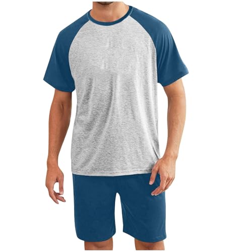 Sinzelimin Men's Pajama Set Fashion Short Sleeves Crewneck T-Shirts Tops and Pj's Shorts 2 Piece Soft Comfy Casual Tracksuit Style003 Dark Blue 4X-Large