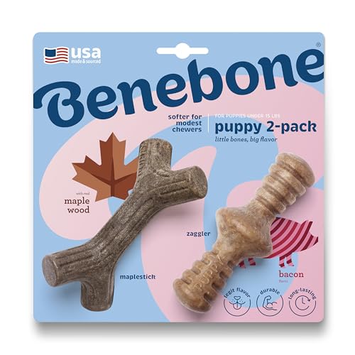 Benebone Puppy 2-Pack Maplestick/Zaggler Durable Dog Chew Toys for Gentle Chewers, Real Bacon, Real Maplewood, Made in USA, Tiny by Benebone - Used condition - US$11.08