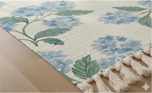 Image of SAGON 2x5 Ft Printed Runner Carpet - Cotton Bedside Rug for Bedroom & Living Room (Pastel Blue Blossom)