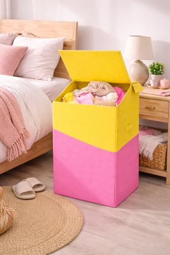 Image of 75L Large Laundry Basket with Lid, Foldable Non-Woven Fabric Clothes Hamper with Durable Handles, Heavy Duty Storage Bag for Bedroom, Bathroom, Nursery & Toys, Space-Saving Organizer (pink yellow)