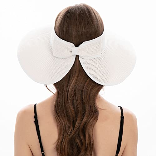 Straw Visor Hat For Women Sun Visor Packable Sun Hat Women Bow Visor Roll Up White Sun Hat With Ponytail Hole #TOP5