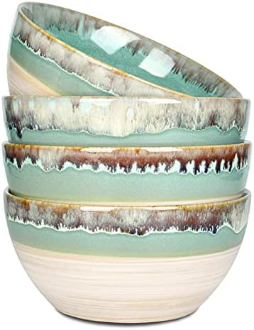 Bosmarlin Ceramic Soup Bowl Set of 4, 26 Oz, Stoneware Cereal Bowl for Oatmeal, Salad, Dishwasher and Microwave Safe, Reactive Glaze (Green, 6 in)