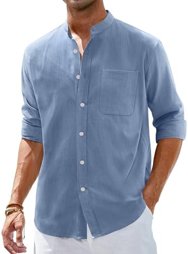 Alimens & Gentle Men's Cotton Linen Shirts Long Sleeve Button Dow...