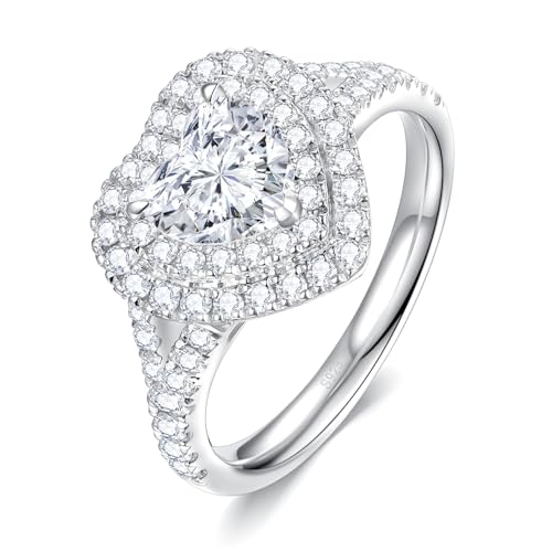 1.6CT Moissanite Heart Shaped Engagement Ring for Women D Color VVS1 Double Halo Wedding Ring S925 Sterling Silver with 18K White Gold Plated Genuine Moissanite Promise Ring for Her Size 5-10