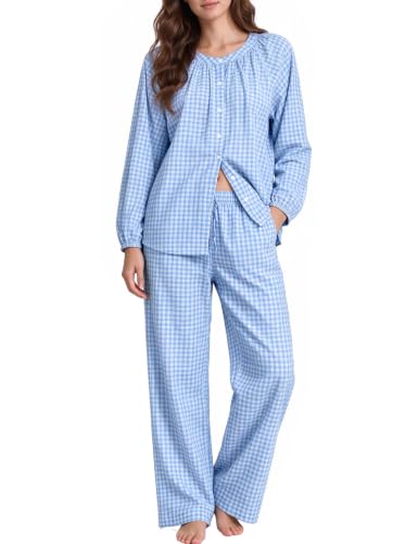COZYPOIN Womens Gingham Pajama Set 2 Piece 100% Cotton Lounge Sleepwear(Blue-XL)
